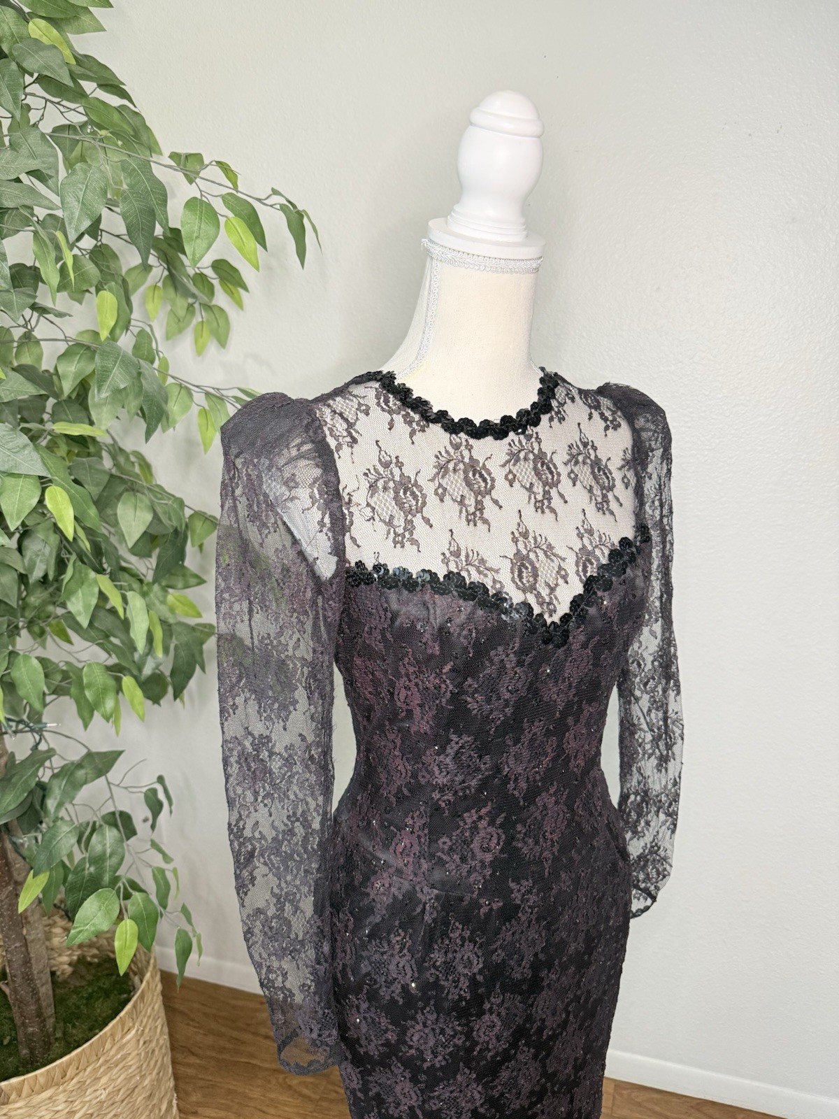Vintage Gunne Sax Jessica McClintock Black Purple Lace Midi Dress Size 7