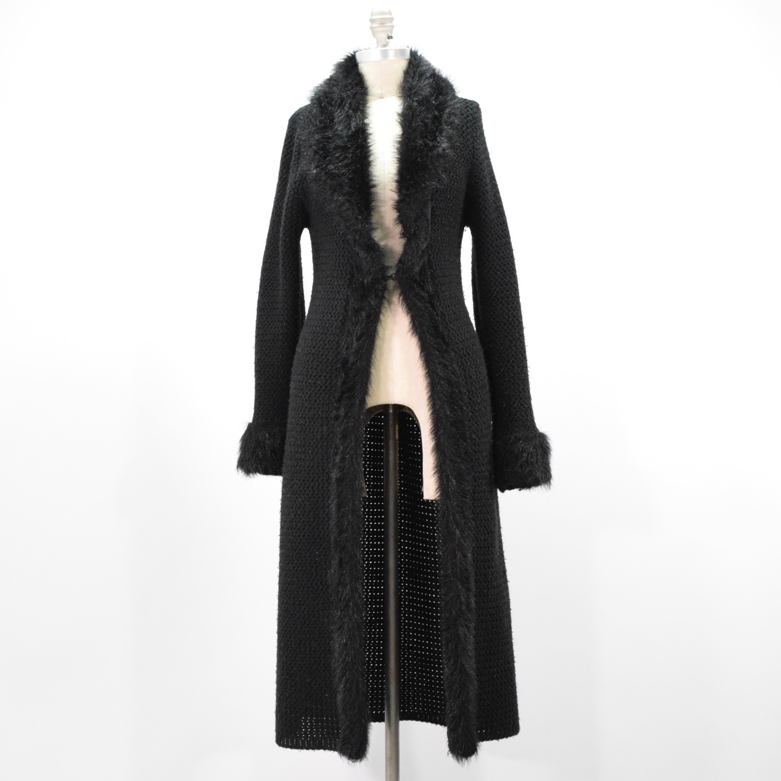 Vintage 90s Y2k Sweater Duster Faux-Fur Trim Midi Cardi Coat Knit Jacket