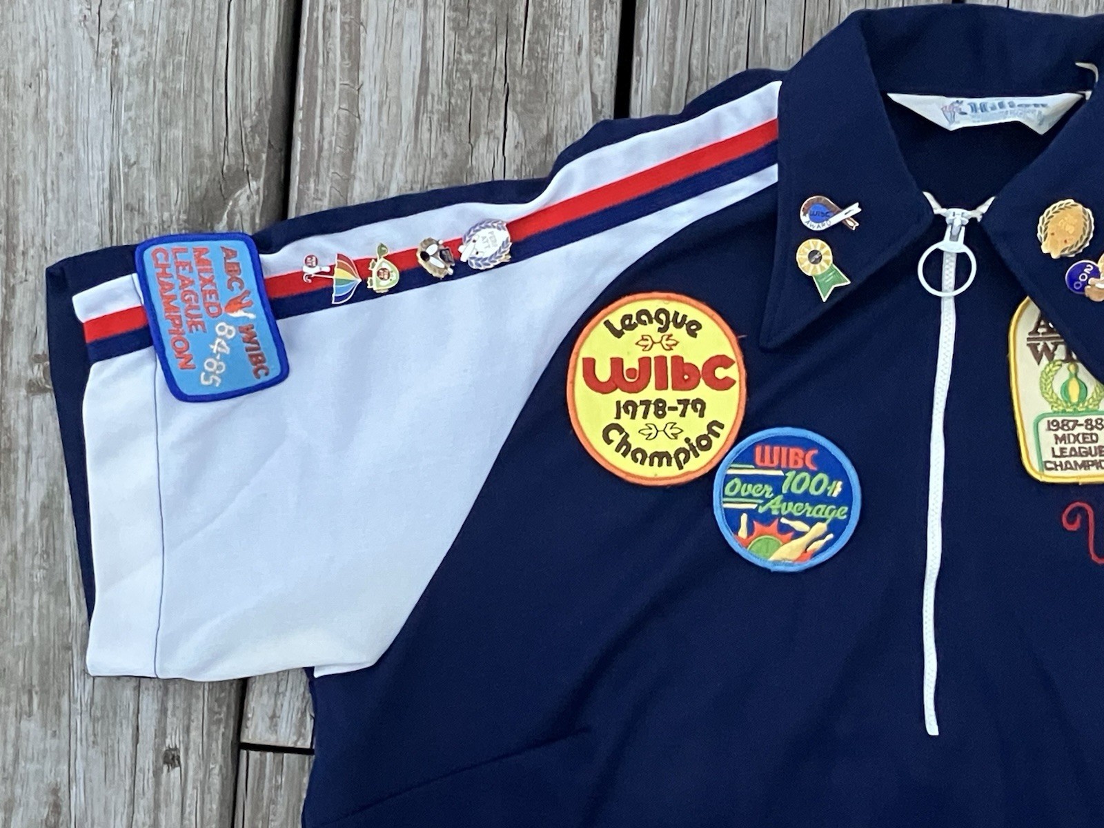 Vtg Bowling Shirt Womens Rockabilly Red White Blue Chain Stitch Pins Patches