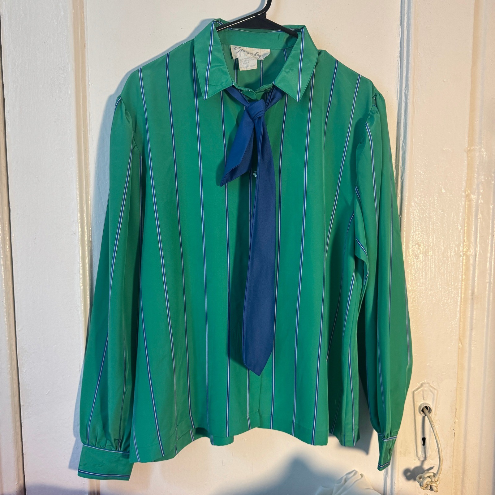 True Vintage 70s Shapely Blue Green Stripes Nautical Pussy Bow Tie Retro Colors