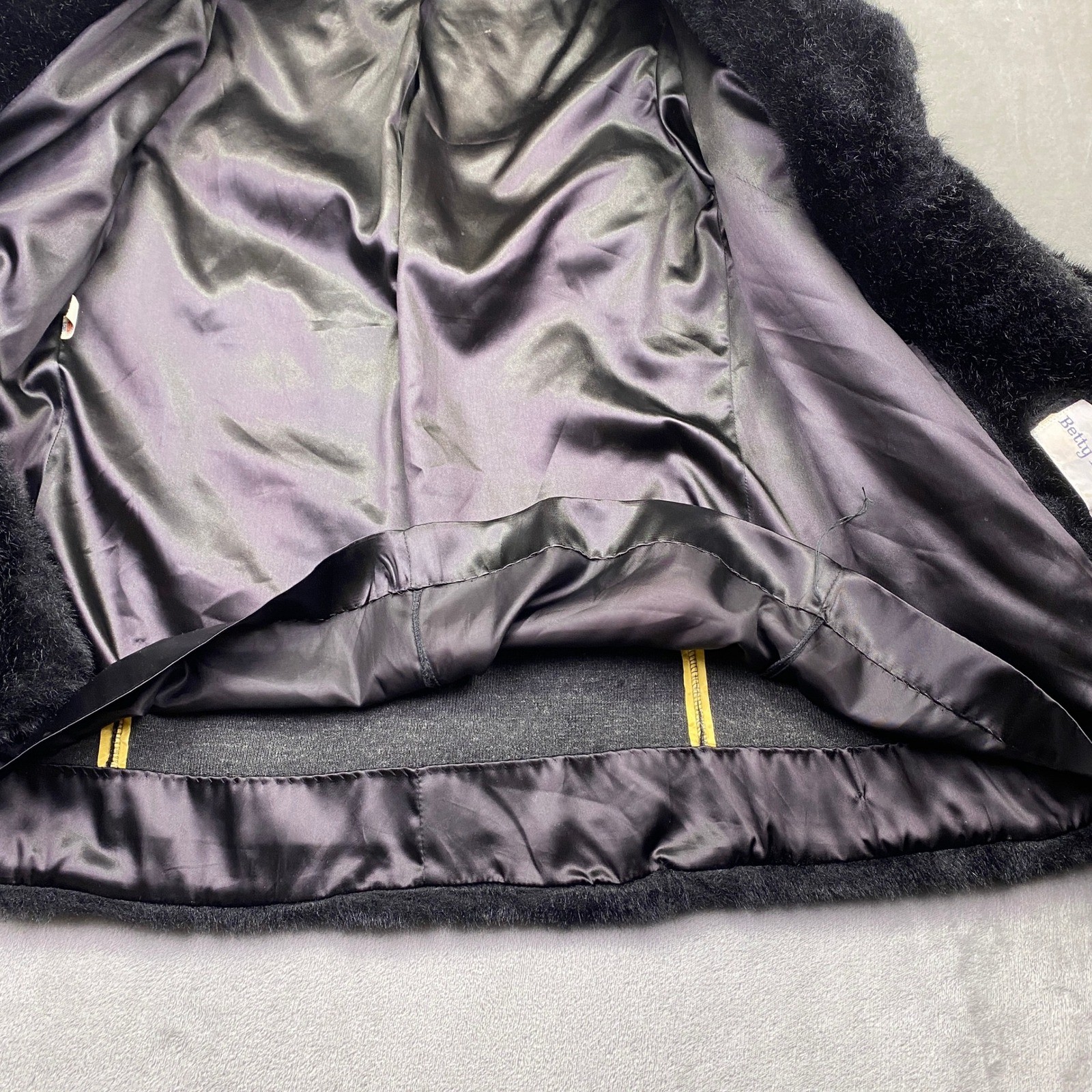 VTG Betty Rose Vintage Black Faux Fur Coat Union Made Mid Century Swing Jacket