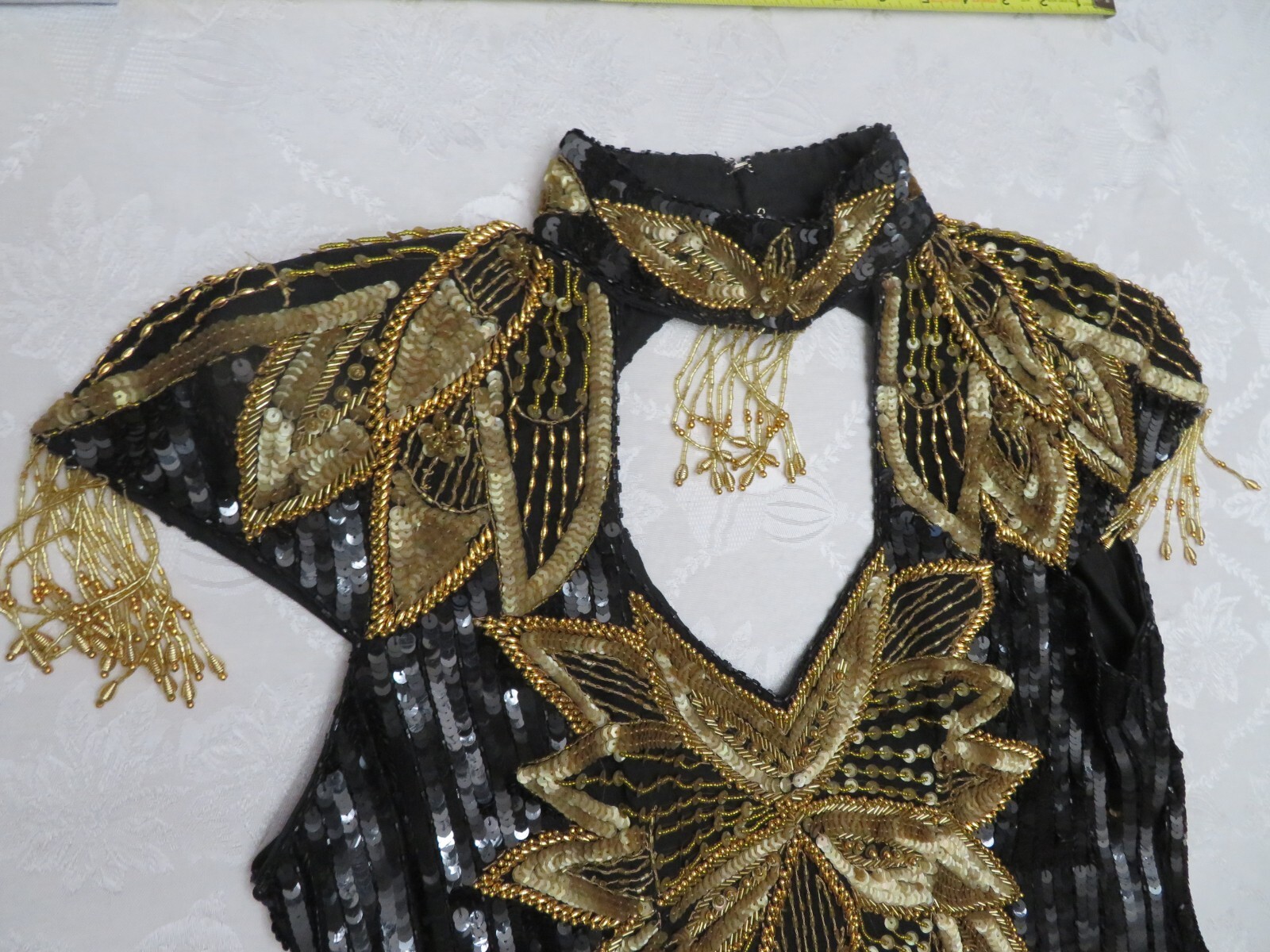 1990’s VTG Vanna White Original Beaded Sequin Dress Size M Gold & Black Beading