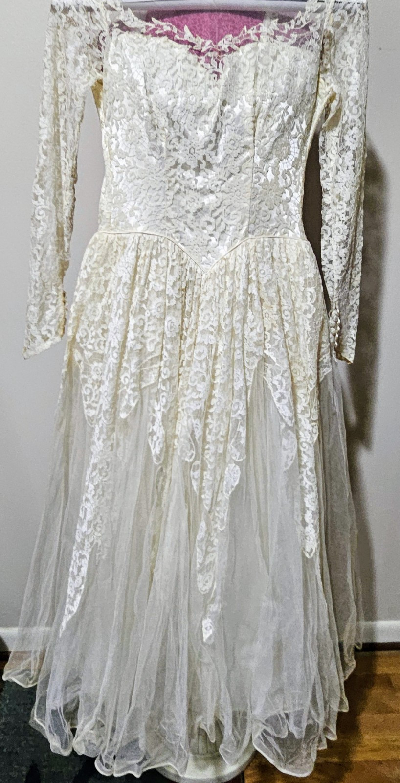 Vintage 50s Maurer Wedding Dress Tulle Lace Button Up Cottage Core