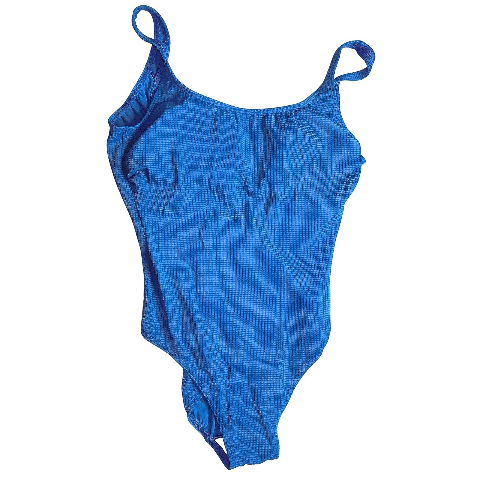 Vintage Baltex One Piece Swimsuit Women Size 12 Blue Textured Waffle Scoop Neck