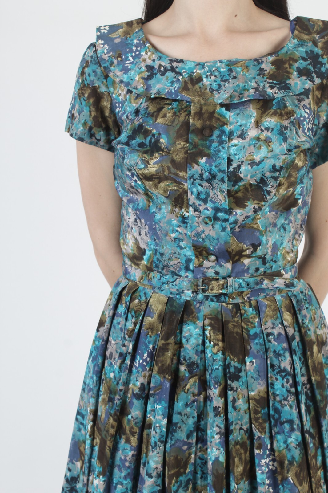 Vintage 50s Pat Nichols Floral Dress Mid Century Pin Up Belted Rockabilly Swing