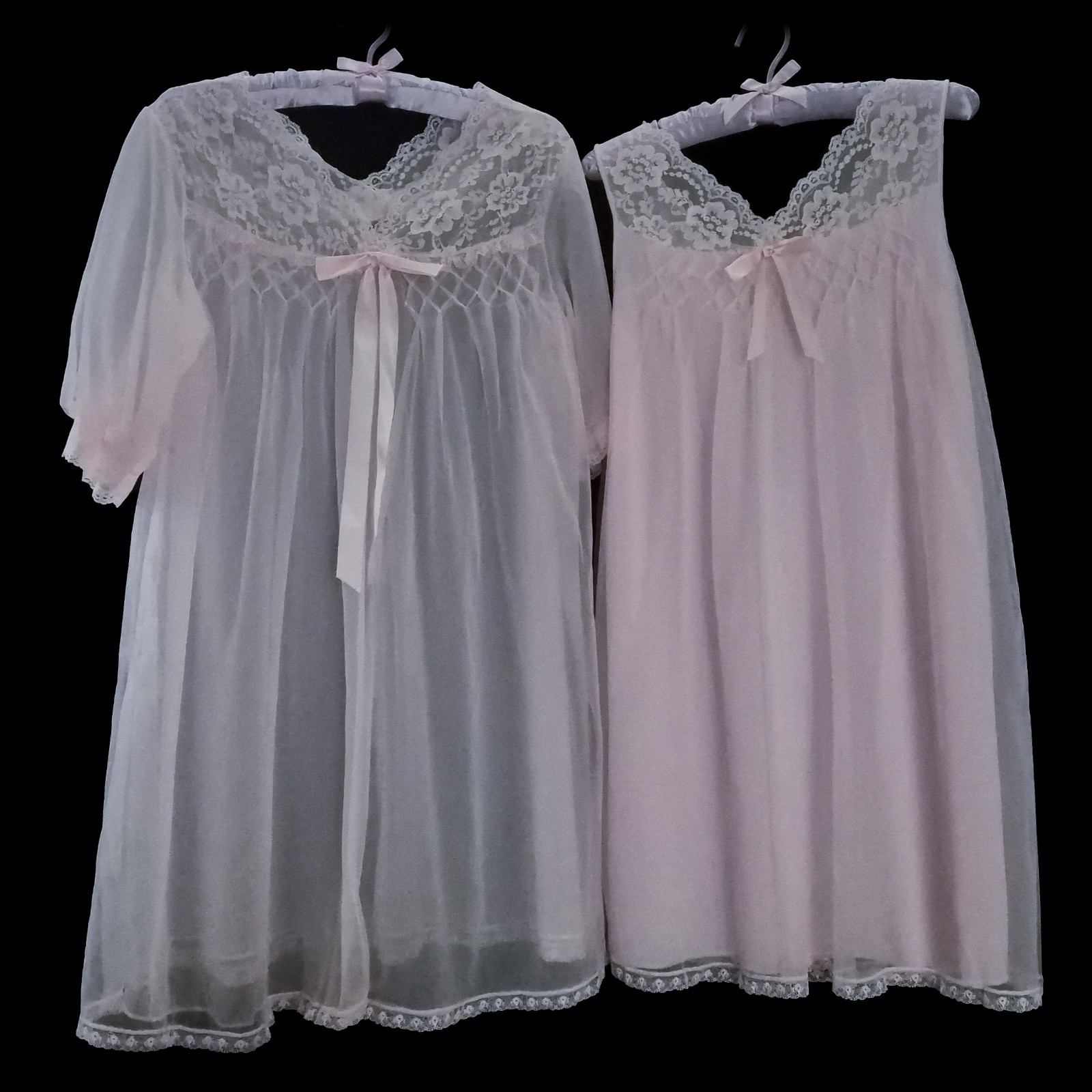 Vintage 2pc PINK Babydoll Nightgown PEIGNOIR Robe Set SHEER Chiffon LACE ~ M/L