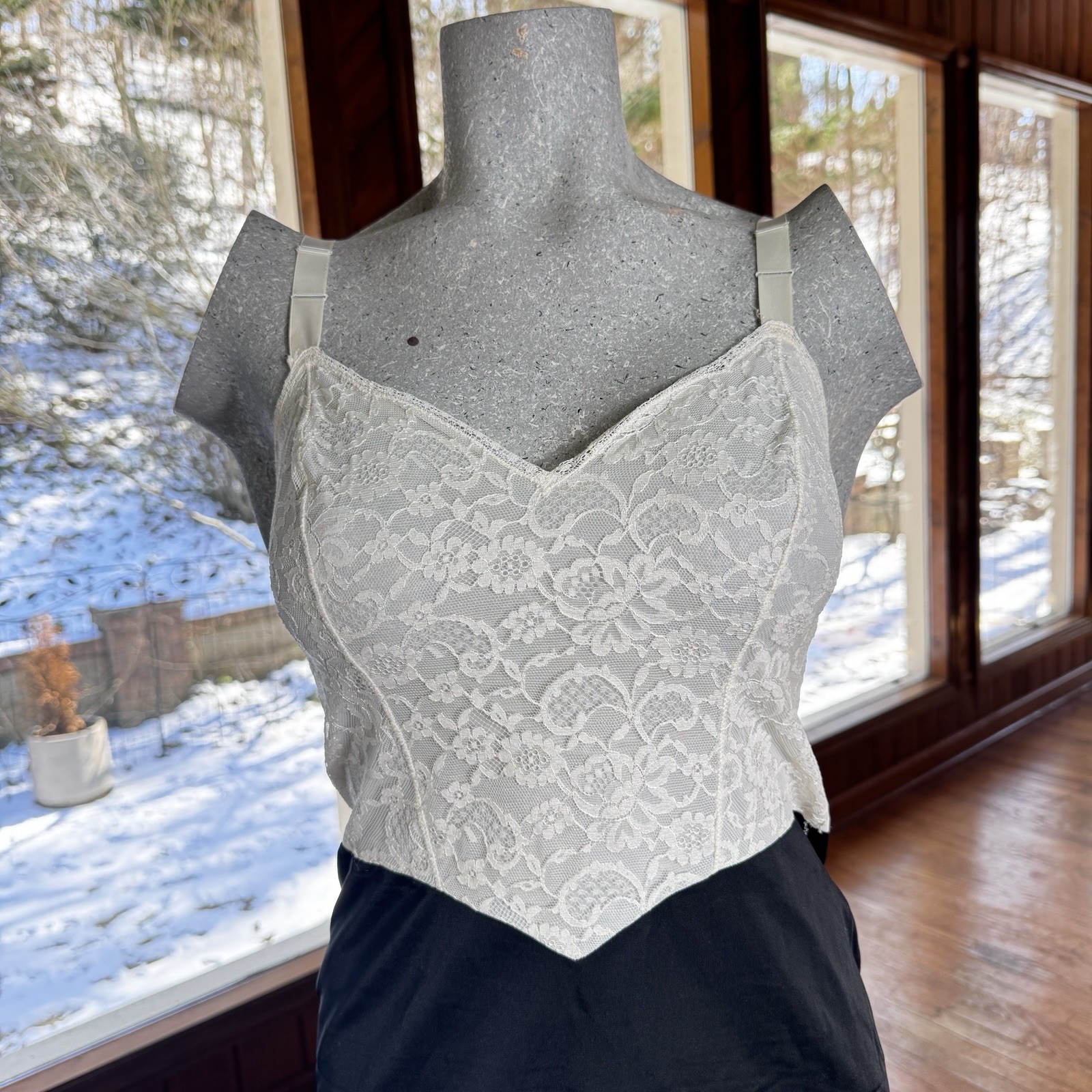 Vintage 1950s Vanity Fair Tricot Nylon Lace Tuxedo Slip Dress Size 32 Adjustable