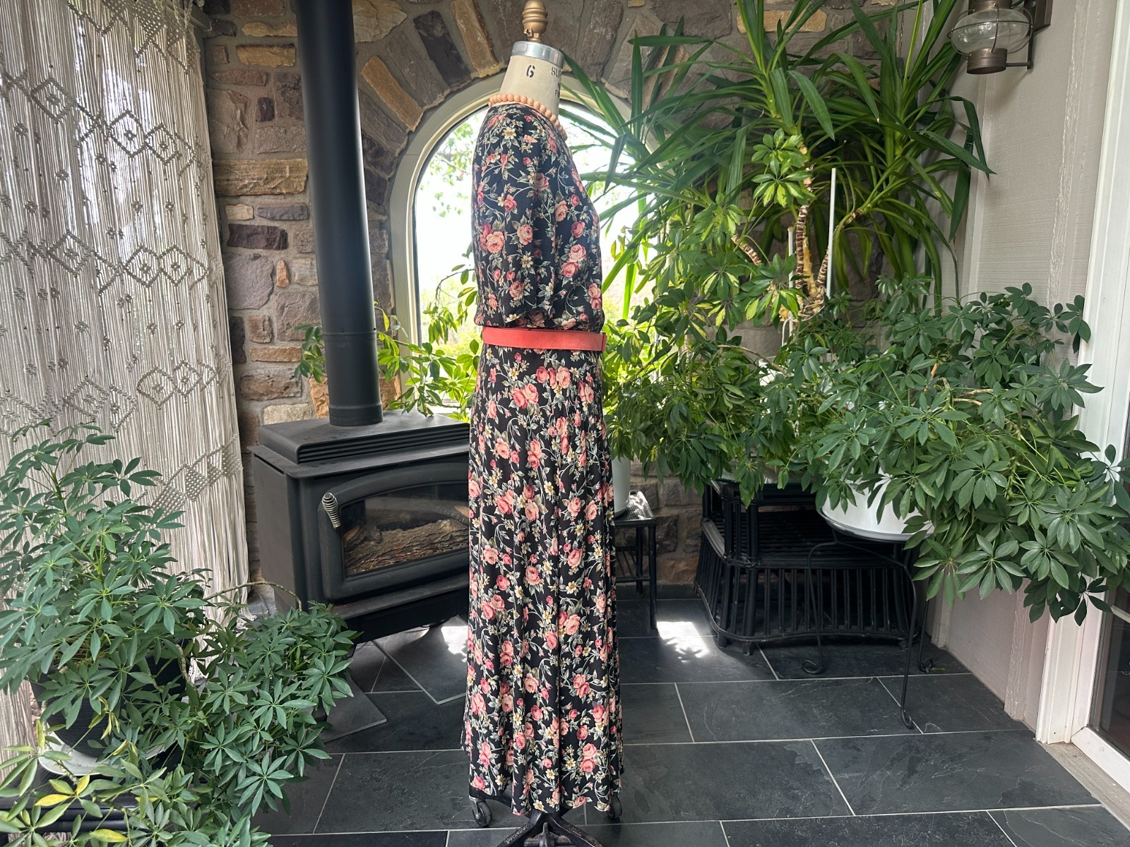 Vintage 1980s Black Pink Green Floral Rayon Dress