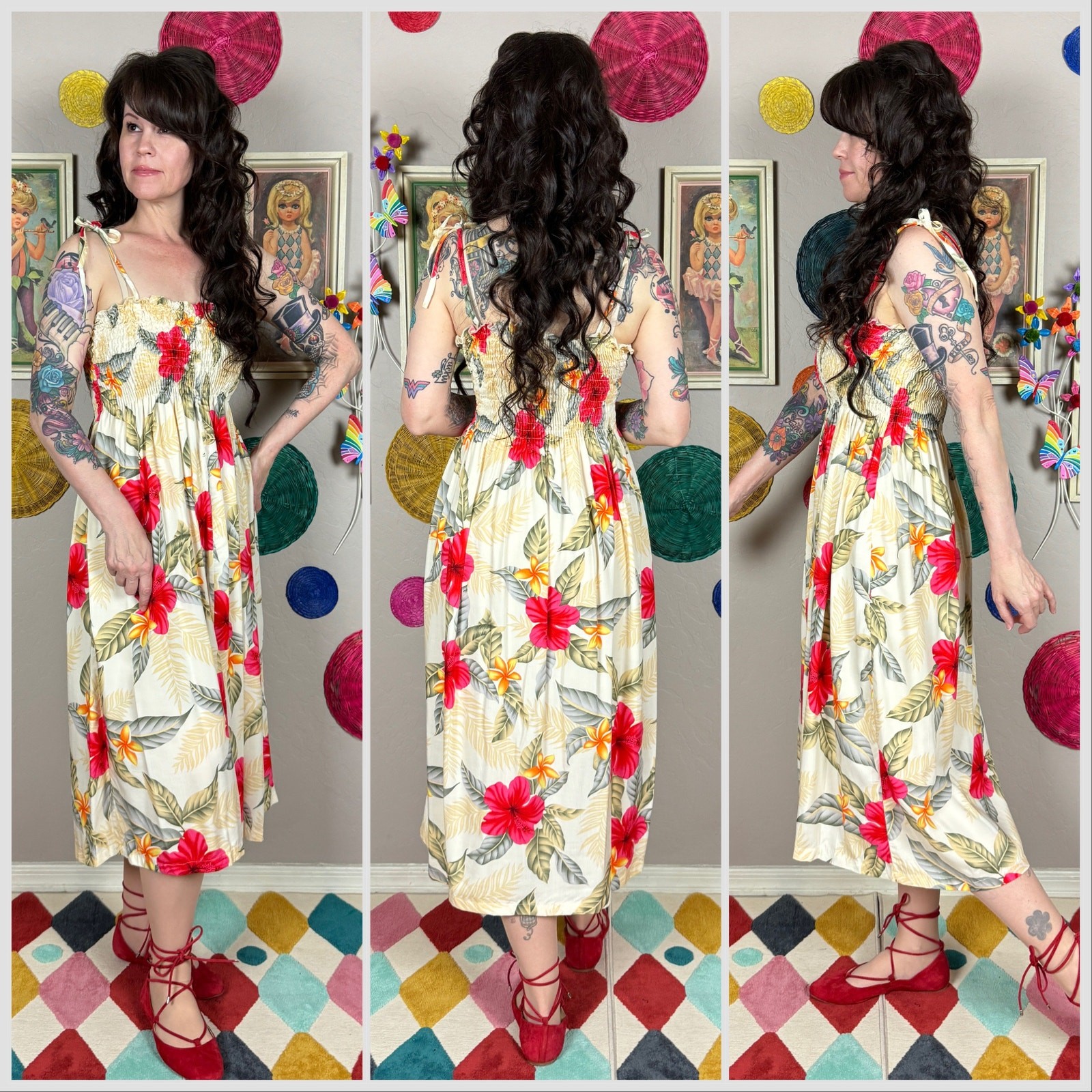 Vintage Y2K Hawaiian Floral Tie Strap Smocked Tiki Sundress | XS/S/M