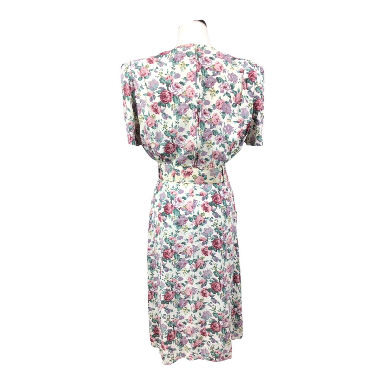 Vintage S. L. Petites Floral Dress Sz 8 Belted Pockets Padded Shoulders Modest