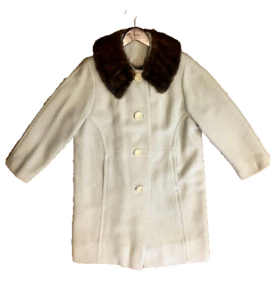 Womens Wool Coat Grey Pioneer Company Size L/XL UNION VGT Fur Collar 3/4 Sleeve