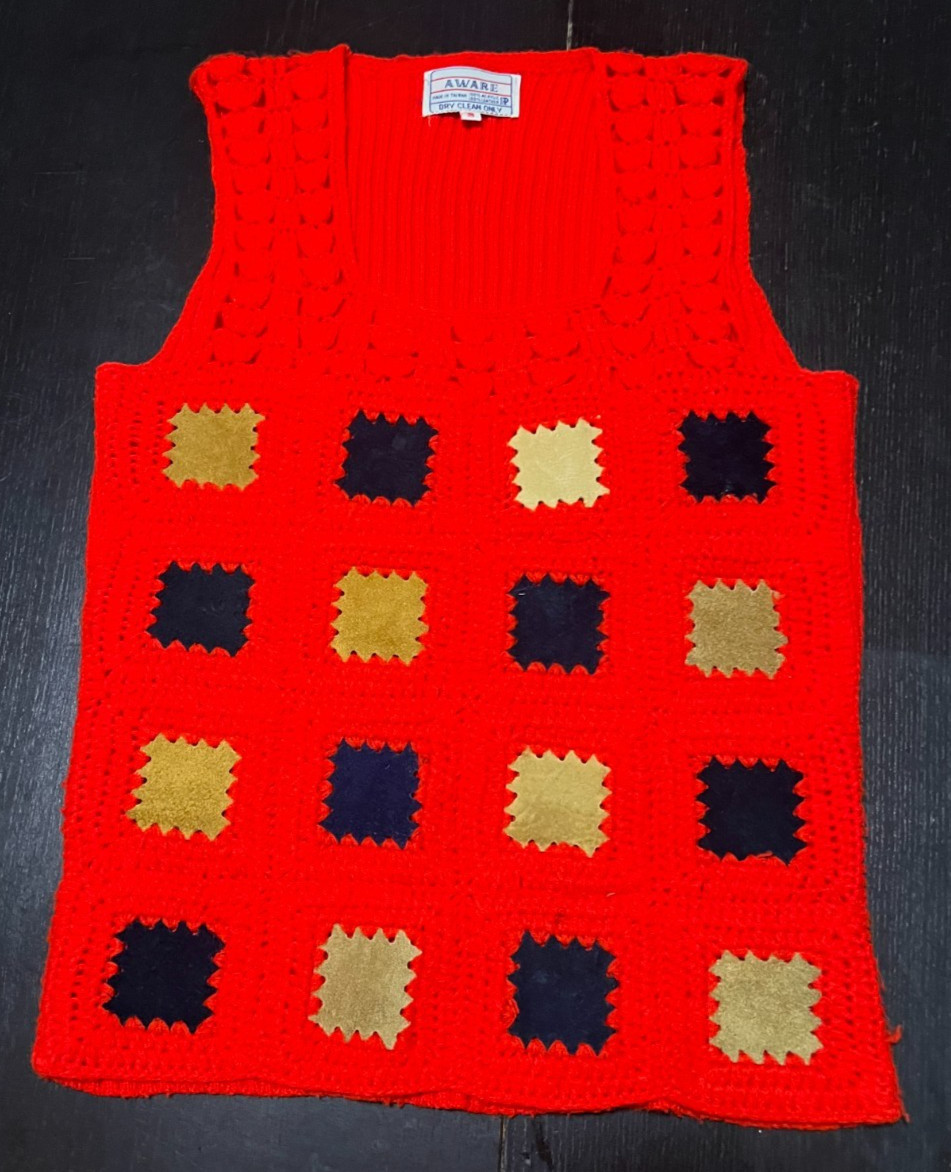 Vintage 1970’s Crochet Red Suede Leather Square Patchwork Sweater Vest Small