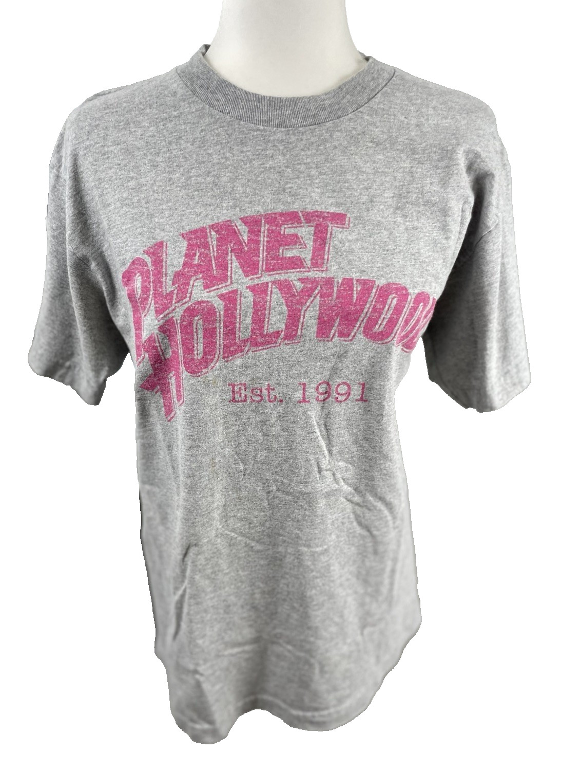 VTG Planet Hollywood EST 1991 Medium T-Shirt Gray Heavy Cotton Pink Letters
