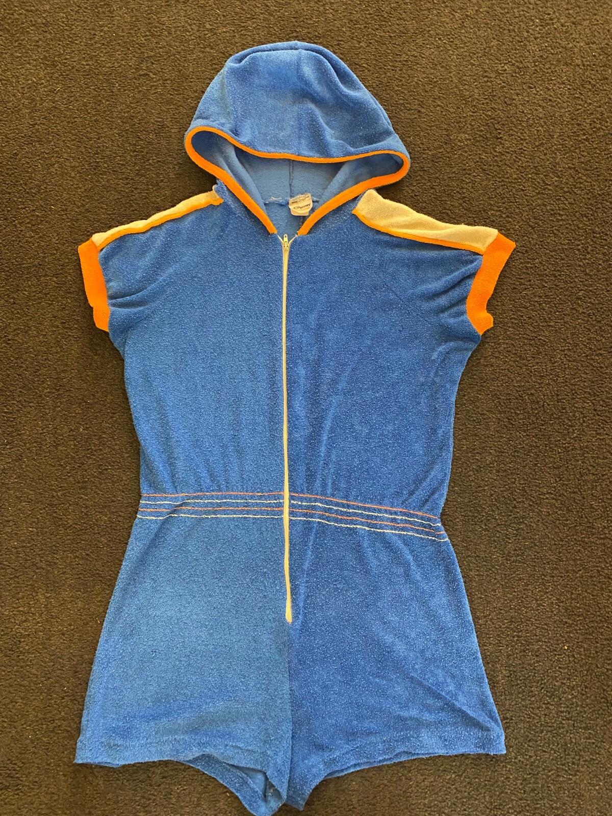 Vintage 70s JC Penney Terrycloth Hooded Romper One Piece Jumper Size S Coveralls