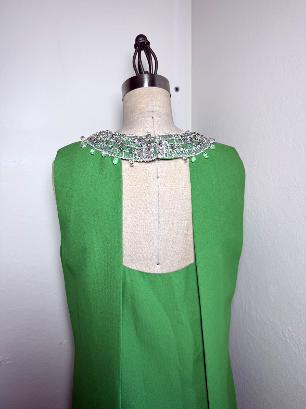 Vintage 1960s Cape Back Mod Shift Dress Rhinestone Collar ILGWU Union Made Green