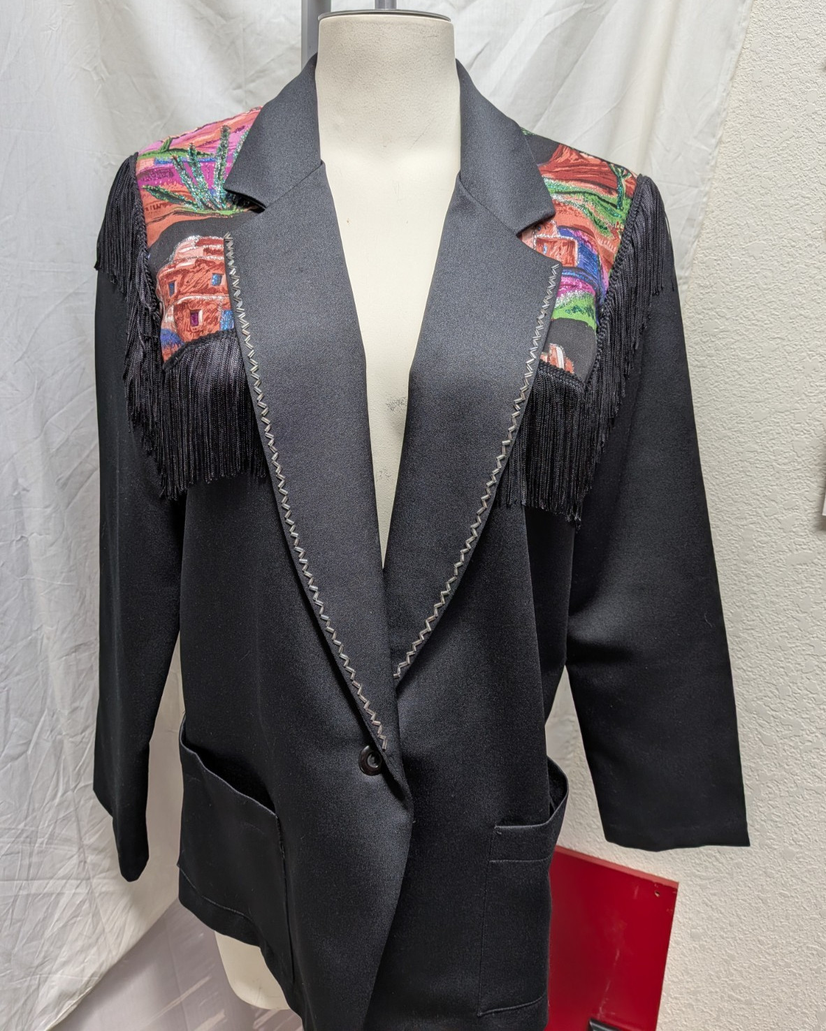 Sz 14 Single Button Blazer Applique Unique Embroidered Designs Southwest Fringe