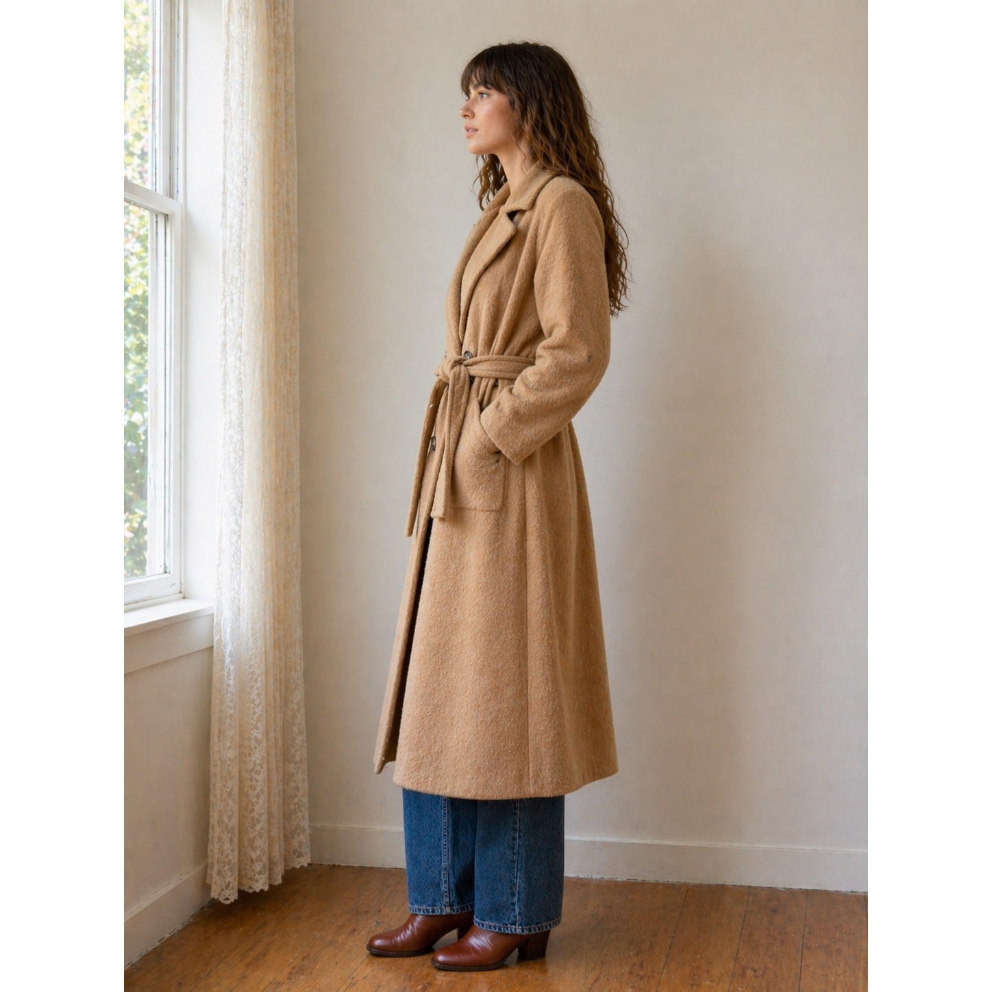 Vintage 100% Camel Hair Double Breasted Coat Womens Belted Long Tan Winter Coat