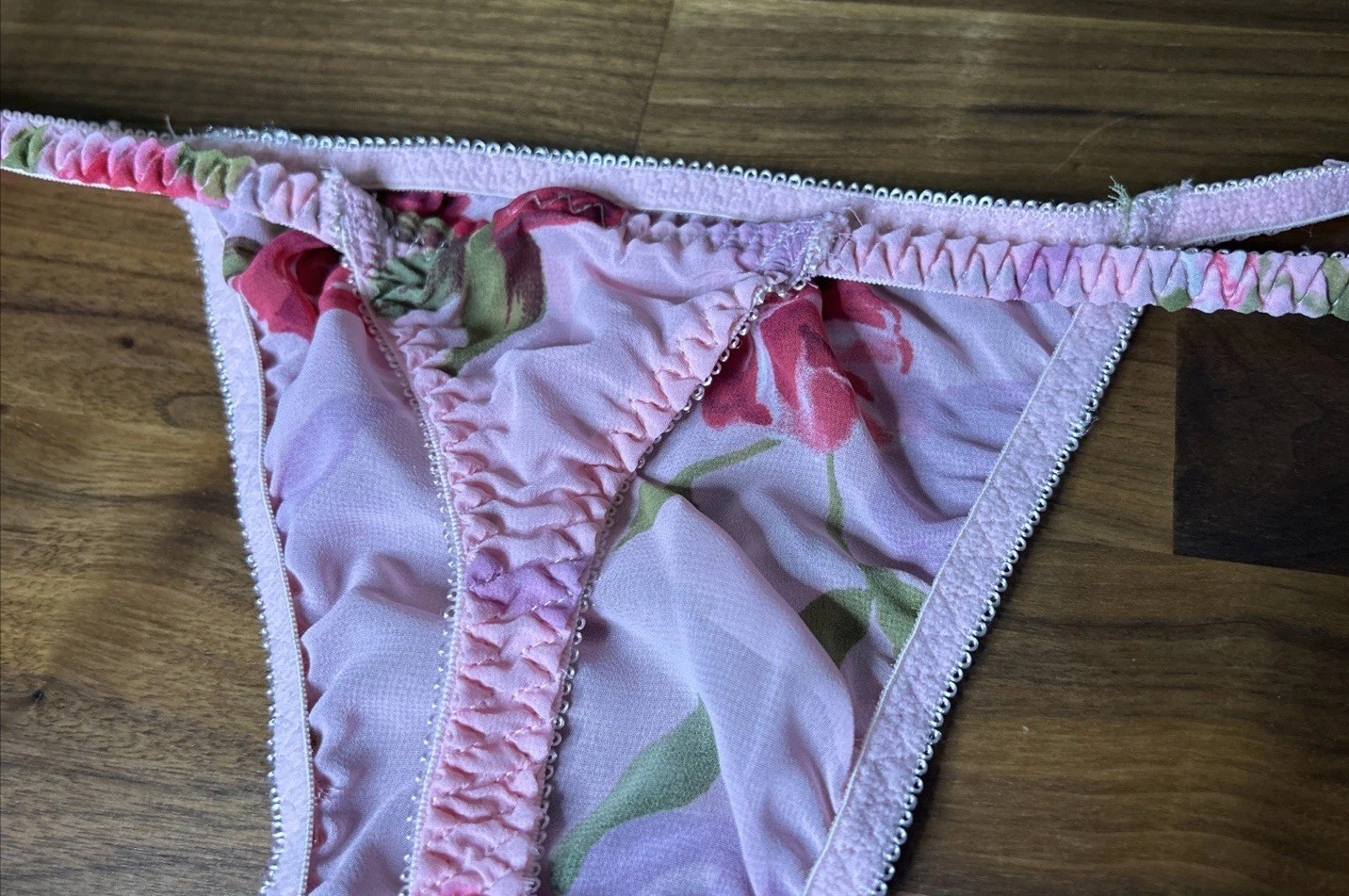 Vintage V String Thong Panties Nylon Chiffon M High Cut Pink Roses Second Skin