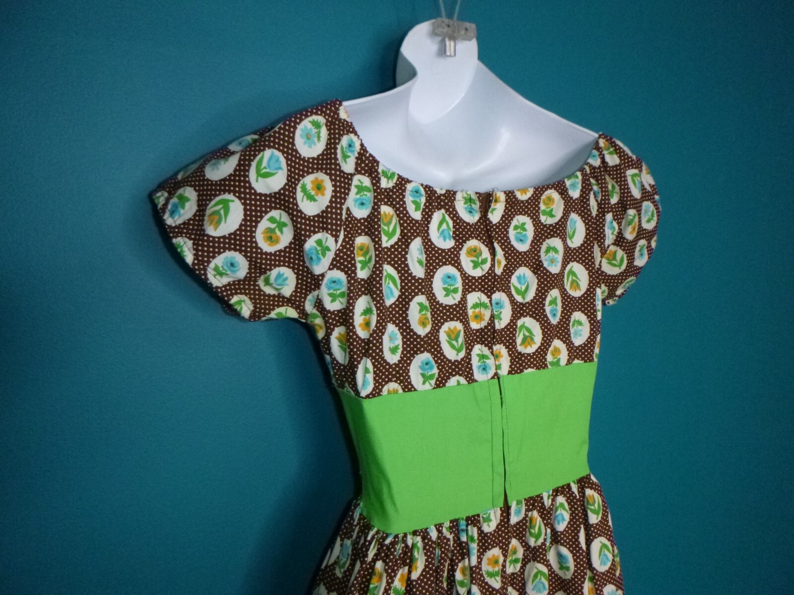 Vtg 60s 70s Corset Lace Up Maxi Dress Brown Green Aqua Floral Sz XS/S