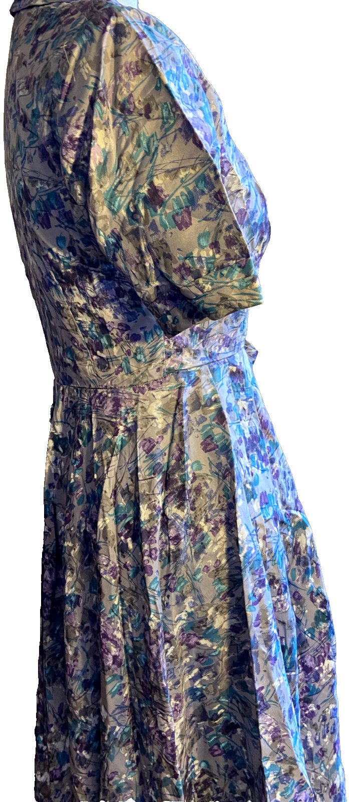 1950 wiggle dress vintage polyester gorgeous pleats purple floral size 8 AU SML