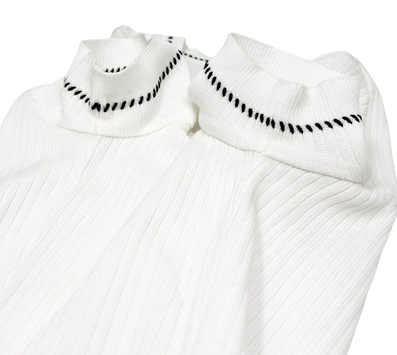 CHANEL Vintage 96P CC Rib Knit Top #38 Stitch Pullover White Black Cotton
