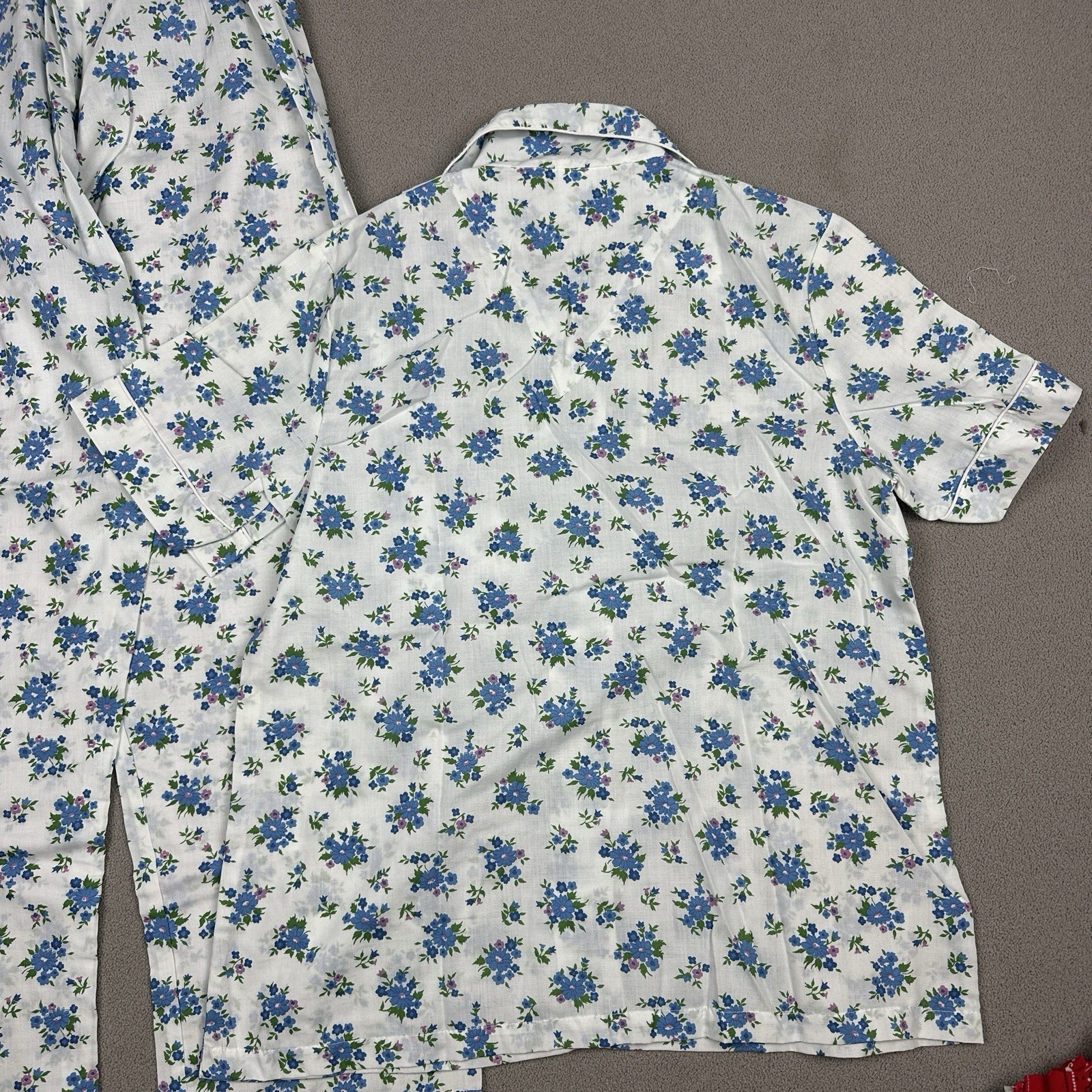 Vtg Dreamaway Pajama PJ Set Top & Pants Blue White Flowers Sanforized Sz 34