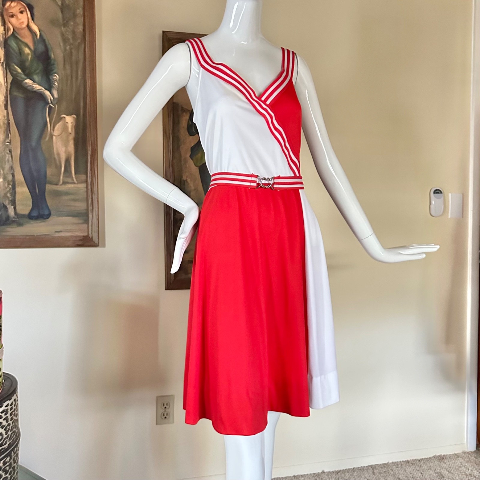 Vintage 1970s Red Color Block Disco Cheerleader Grease Preppy Tennis Dress M/L