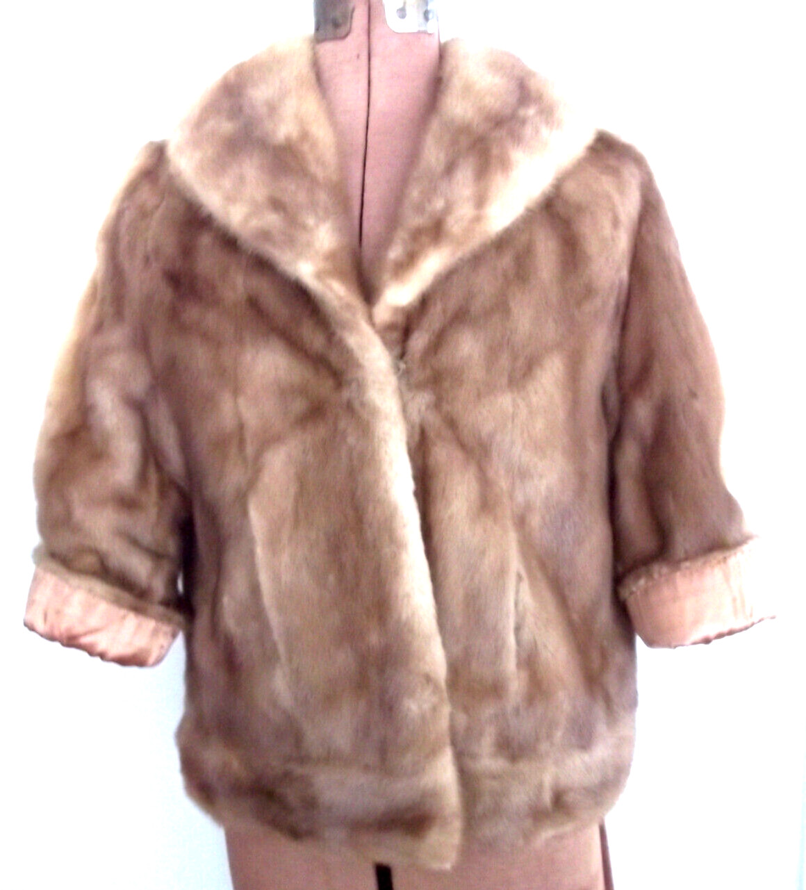 Vtg USA 60s EMBA Pastel BN MINK Emb Satin LD 3/4 Slv Pks Col 2 H&E JACKET/Sz M/L