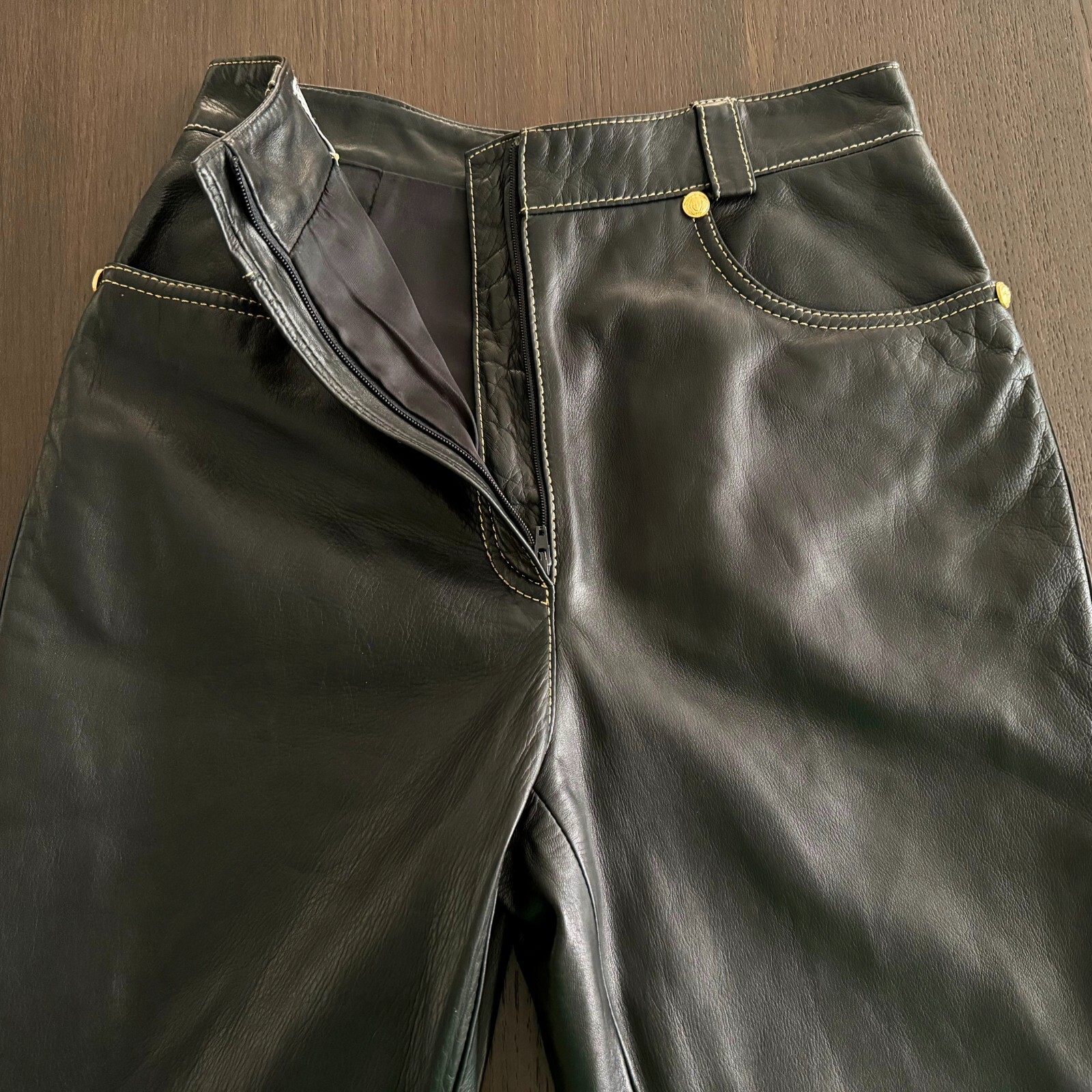 GIANNI VERSACE black leather pants w/ gold stitch size IT 42 from F/W 1992/93