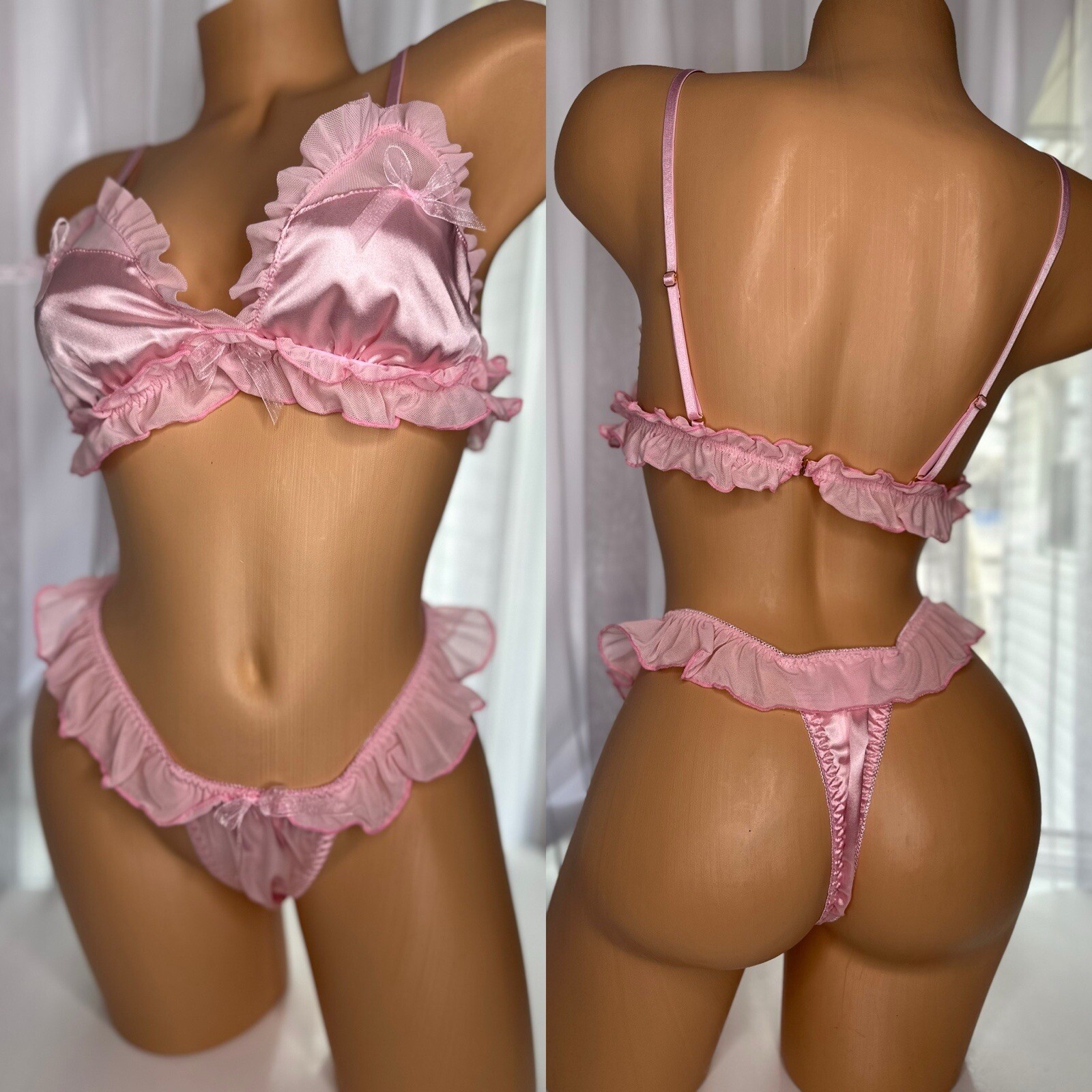 Large 7 L Shiny Satin Bralette Thong Panty Chiffon Ruffles Coquette Vtg Bra Set