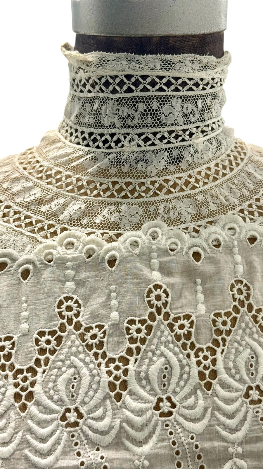 Antique Edwardian White Cotton Eyelet Lace Lawn Dress Small