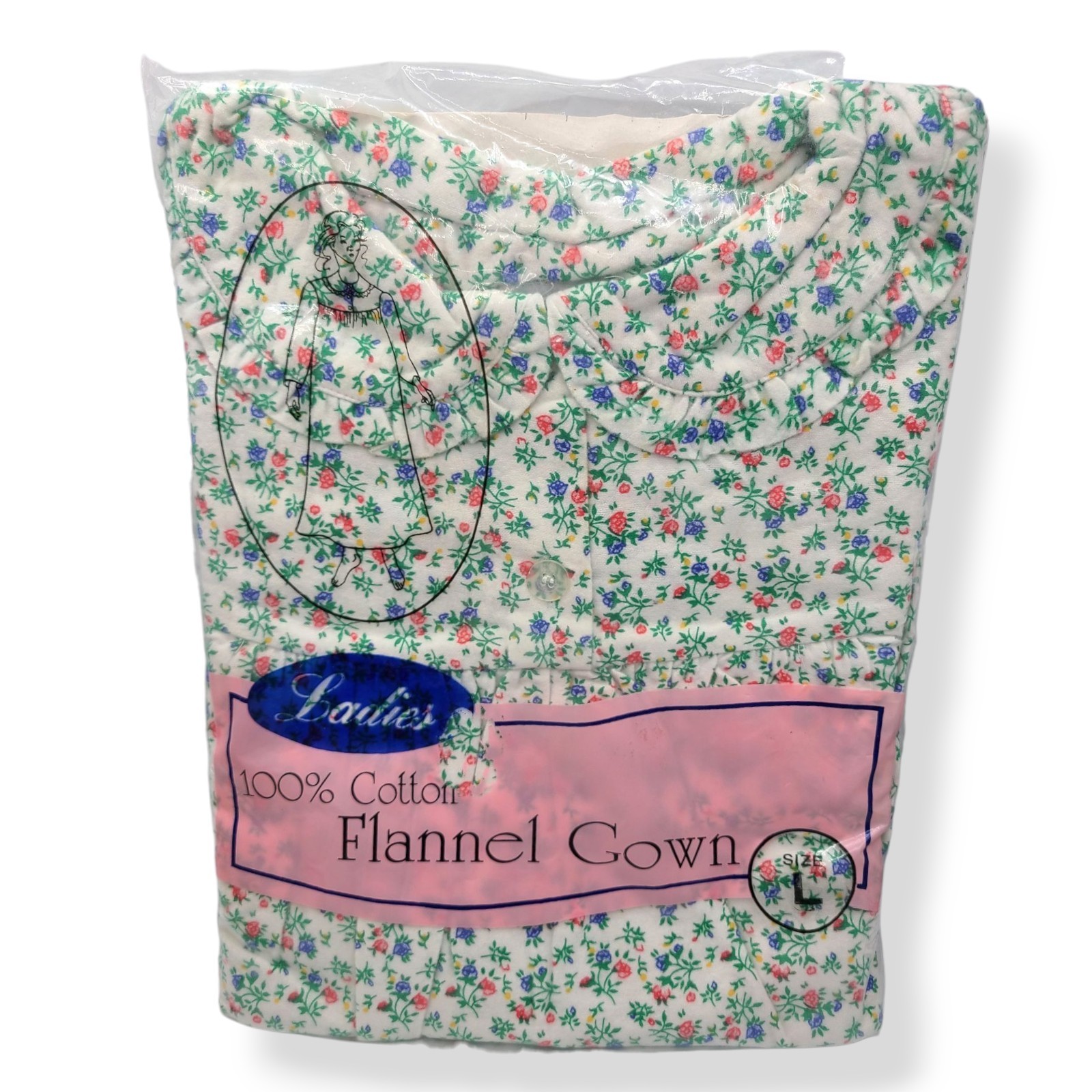 NEW Vtg Bernette 100% Cotton Flannel Night Gown Pajamas Roses Blue Flowers Sz L