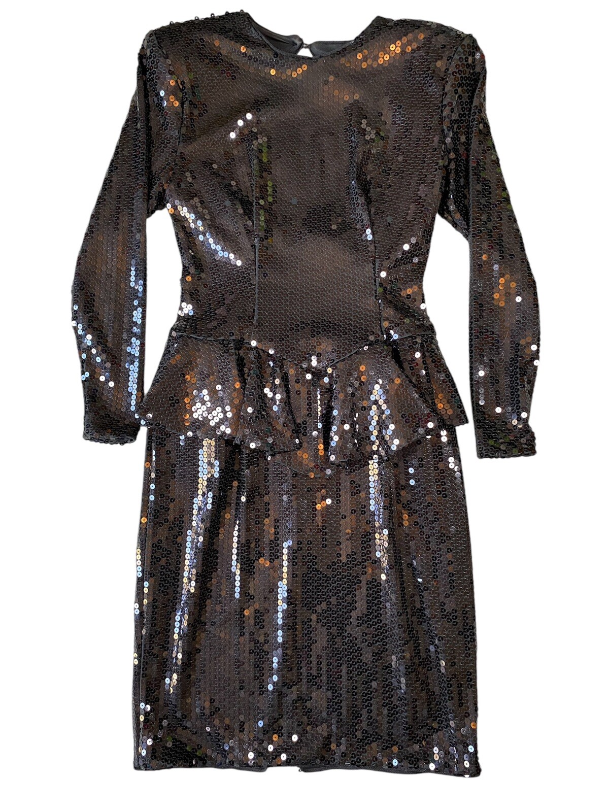 Vintage Tadashi Dress Womens Sz 10 Black Long Sleeve Sequin Open Back Midi-READ