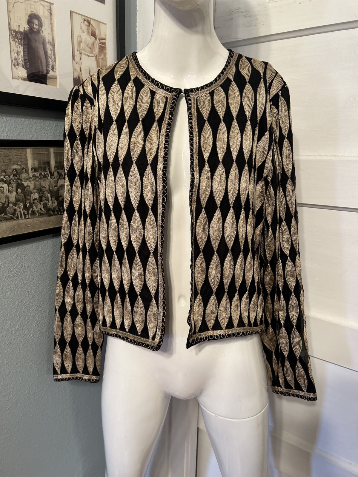 Vintage Stenay Black Silk With Gold Silk Embroidery Open Blouse M