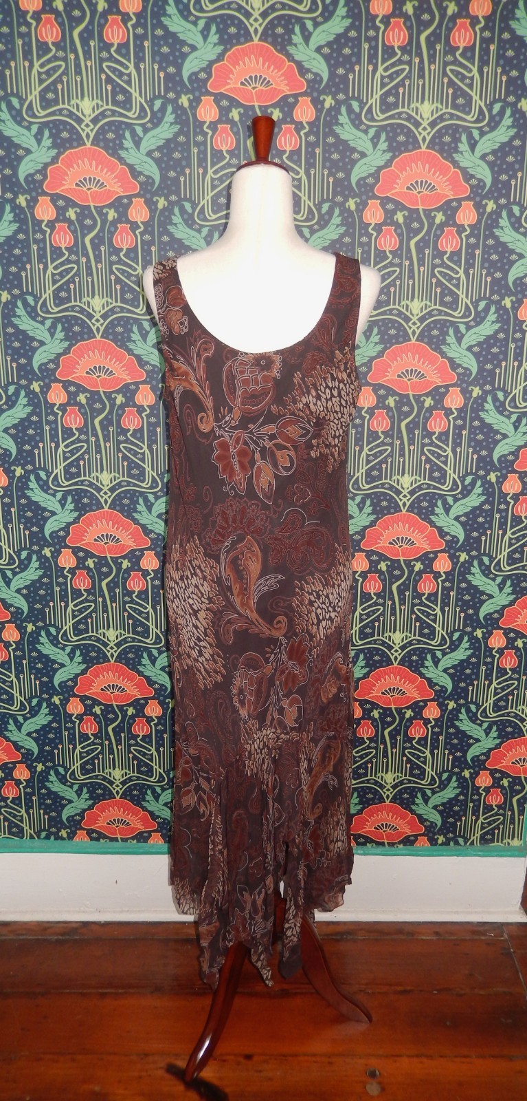 Vintage Y2K Cowl Neck Dark Brown Sequin Beaded Pointy Hem Slip Dress Cocktail
