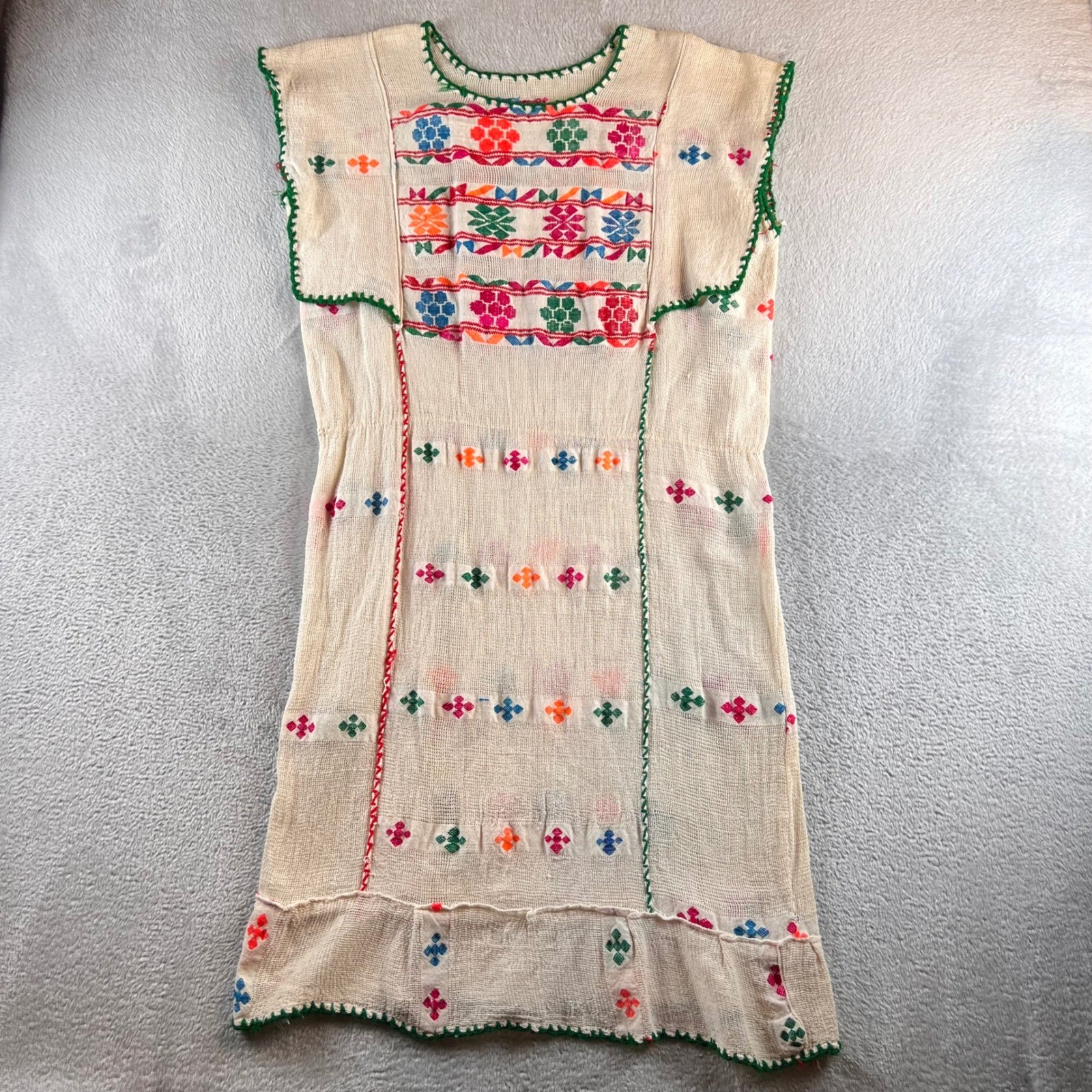VTG Mexican Huipil Dress Hand Embroidered Boho Cream Cotton Tunic Womens L