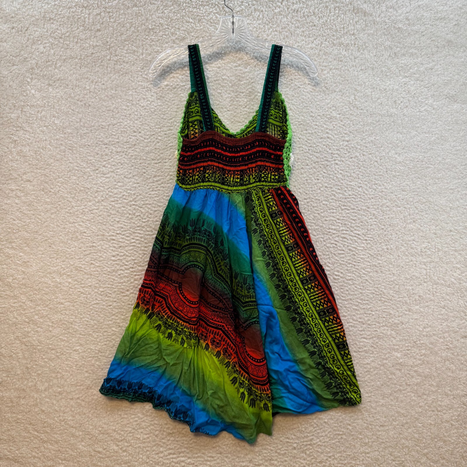 Y2K Vintage Mini Dress Small Medium Rainbow Colorful Crochet Floral Boho Hippie