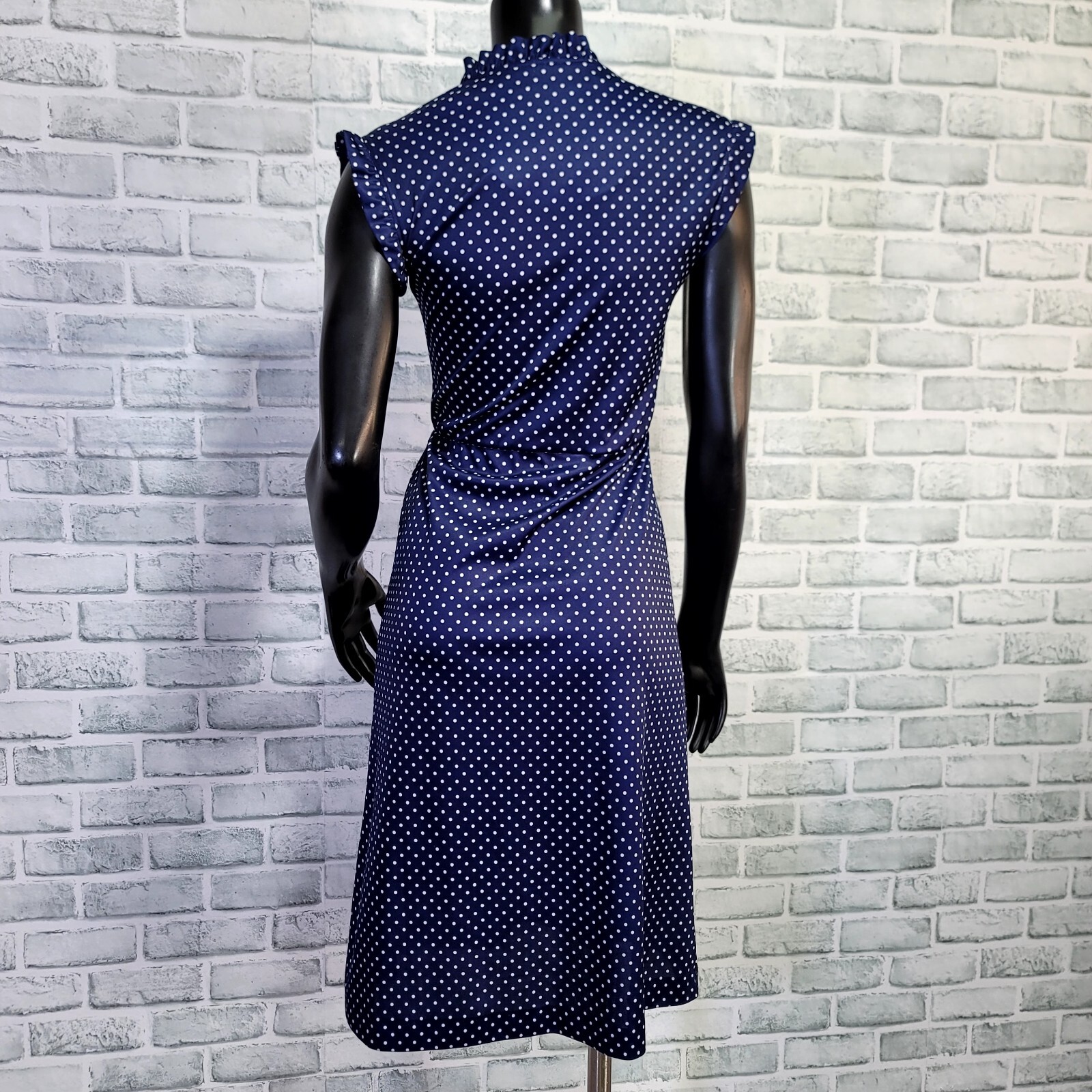 Vintage 70s Avon Fashion S Navy White Polka Dot Ruffle Sleeveless Sheath Dress