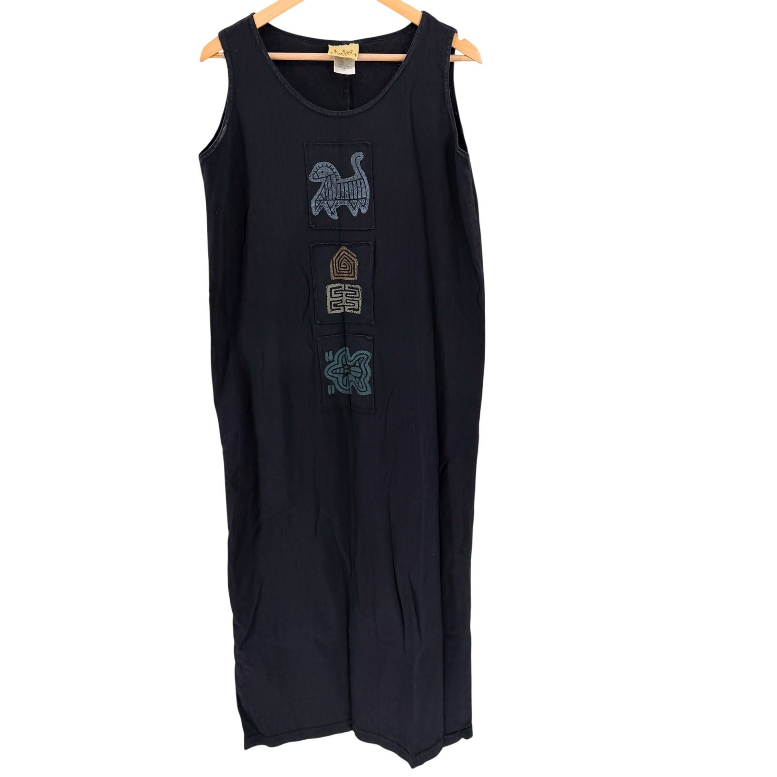 Vintage 90s Blue Cactus Black 100% Cotton Tribal Graphic Sleeveless Maxi Dress