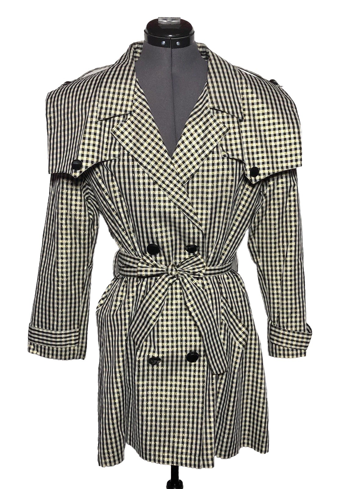Vtg 1980s Trench Coat Tulipe California Gold Check Metallic Double Breasted M
