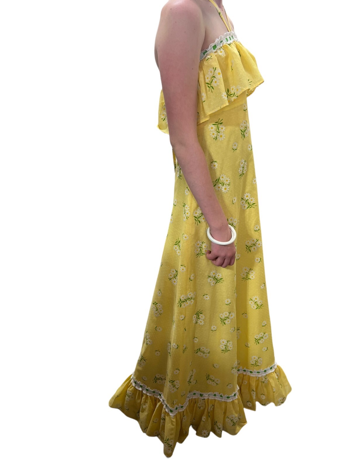 Sz XS Vtg 60s 70s Halter Maxi Dress Yellow Daisy Swiss Dot Festival Hippie Boho