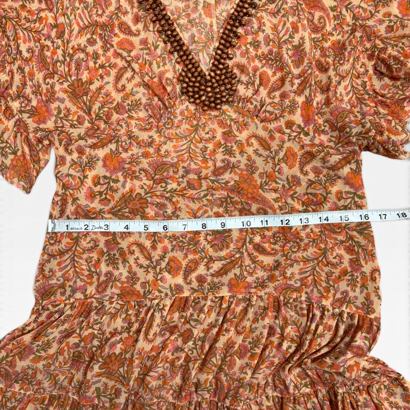 Vintage Sheer Silk Paisley Midi Dress Orange Pink Beaded V-Neck Tiered Ruffle