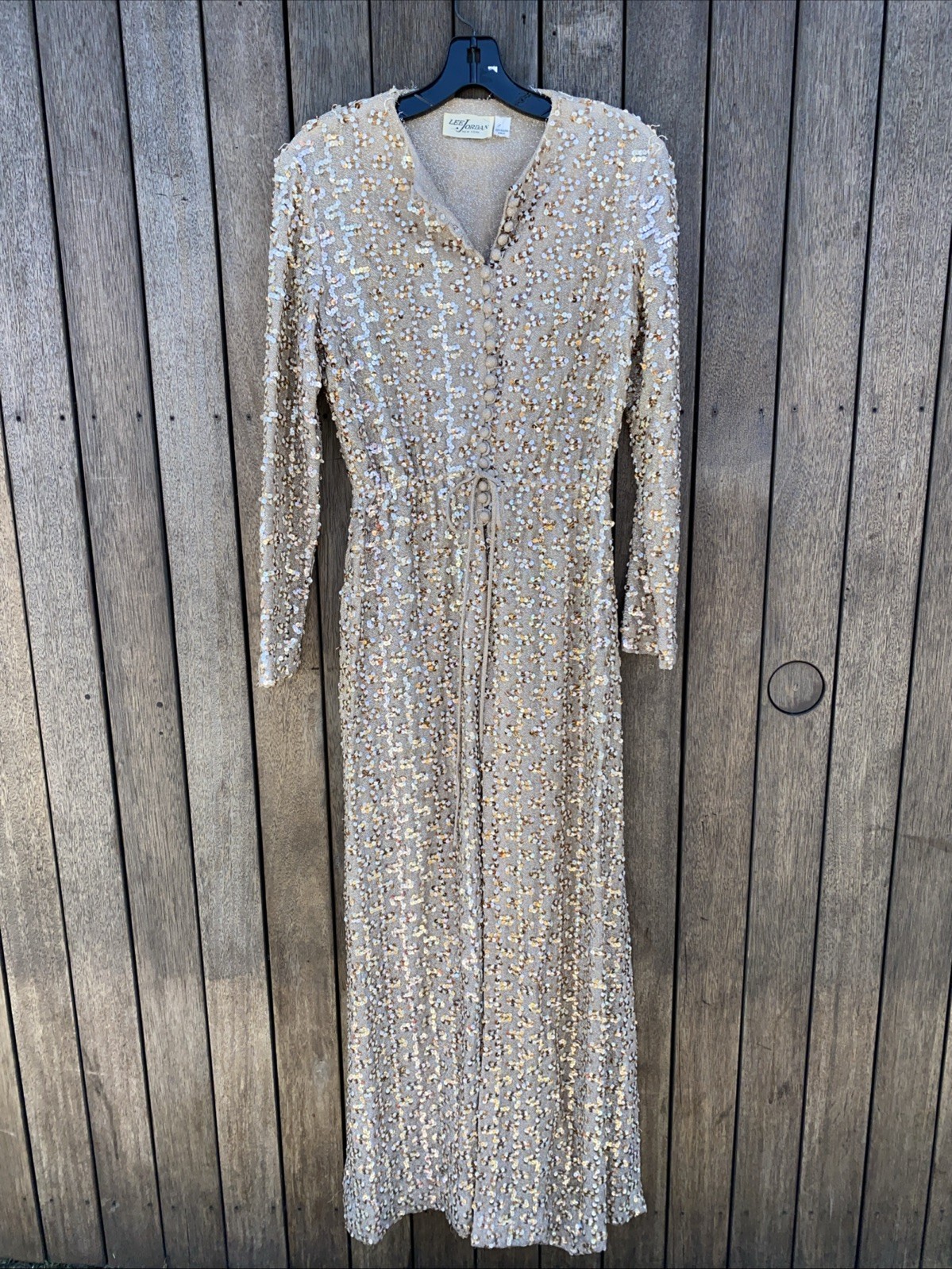 Vtg 1970s Lee Jordan New York Full Sequin Maxi Dress Gown Long Sleeve Disco 10