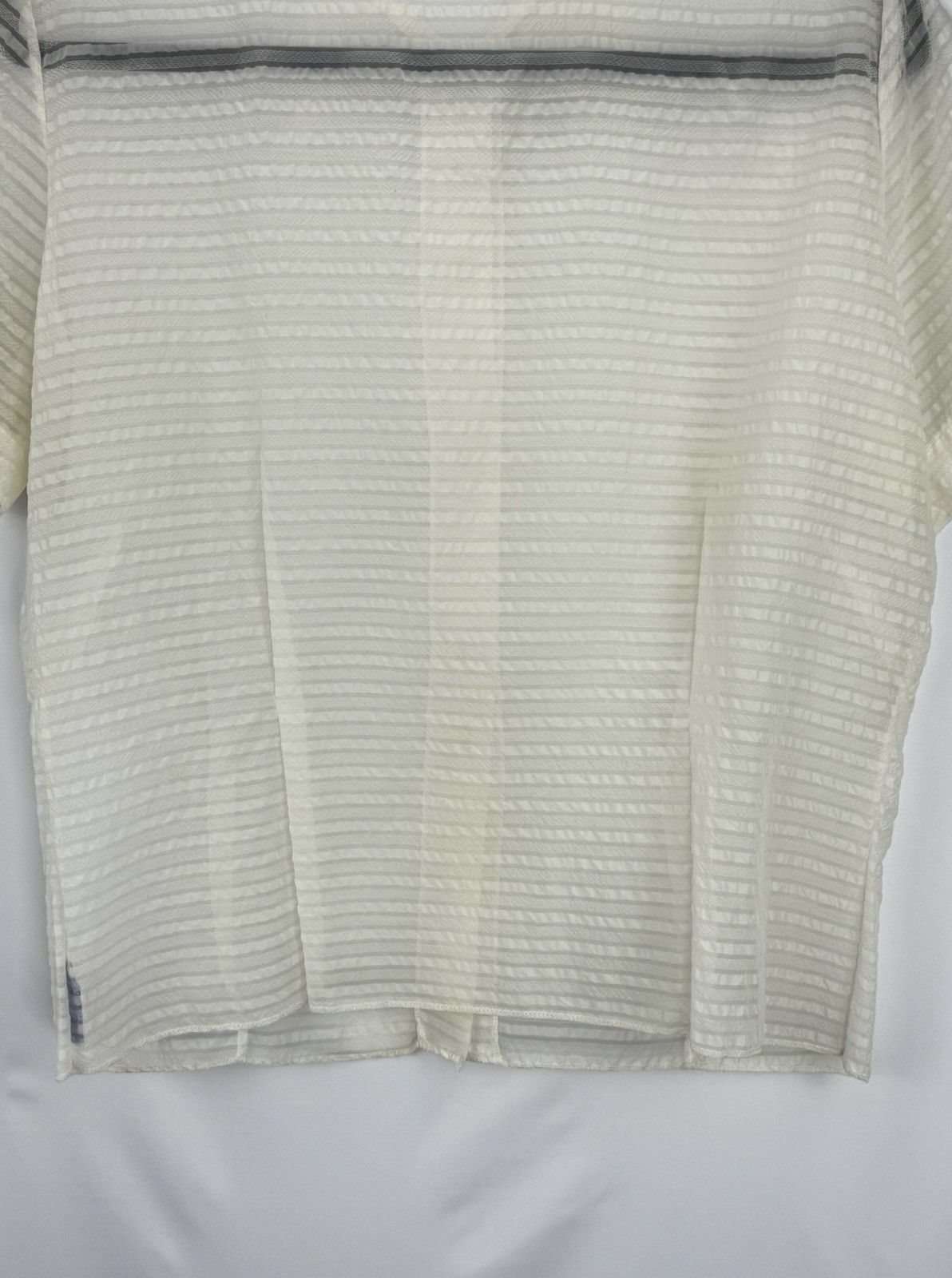 Vintage 50s Sheer Ivory Nylon Blouse Size 38 Short Sleeve Striped Point Collar