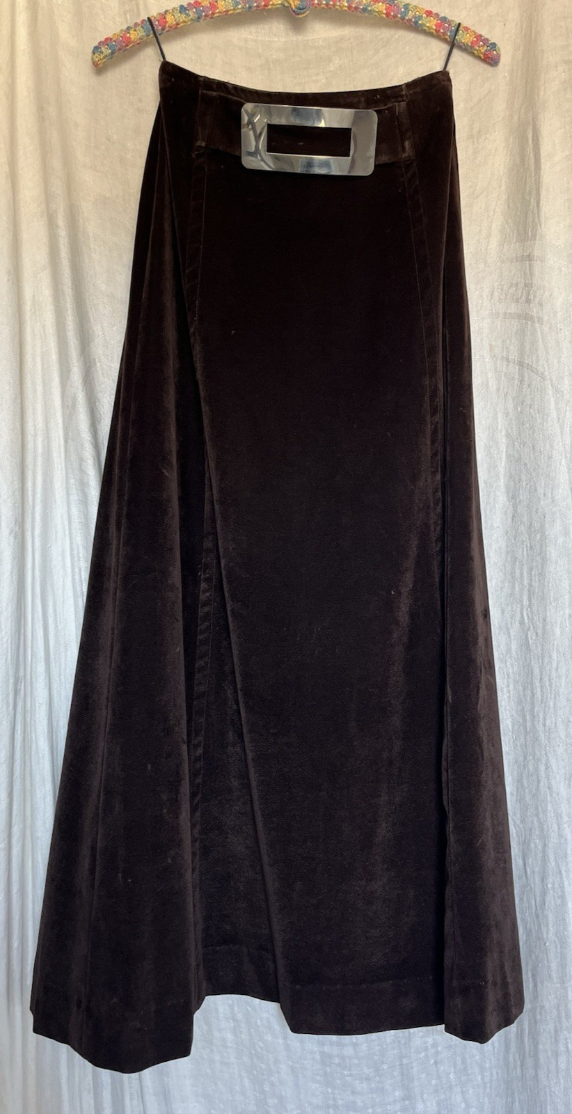 Vintage 1970s Maxi Skirt Brown Velveteen Metal Buckle Boho Hippie Grunge 70s XS