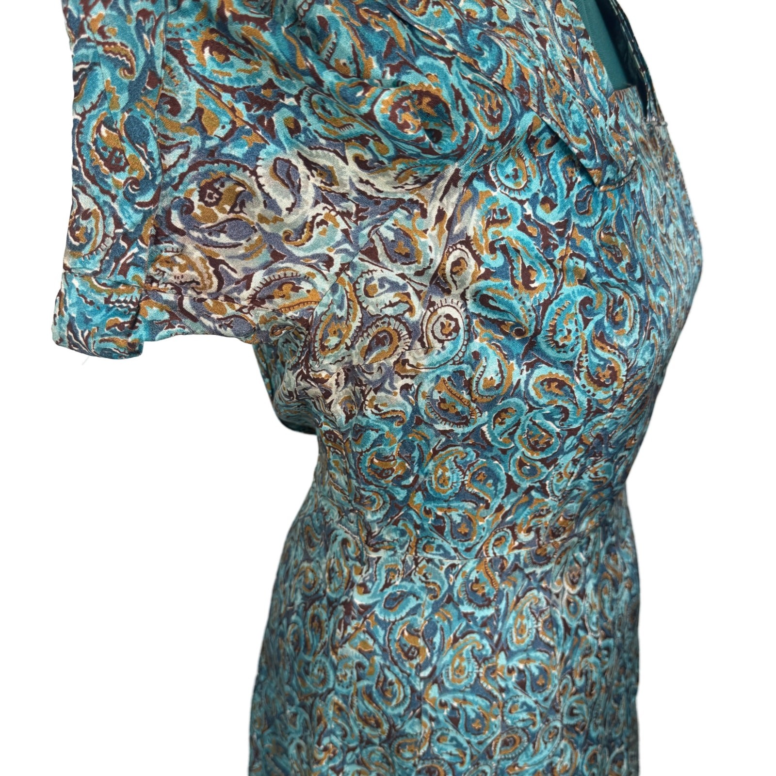Vintage 1940s Clayton New York Rayon Print Dress Metal Zip Day Dress Swirl Print