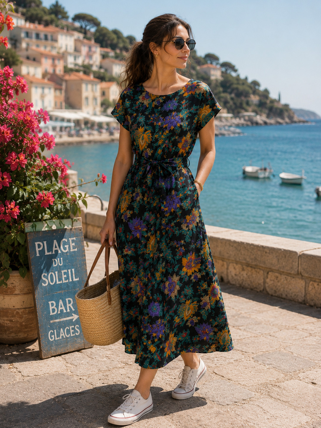 Vintage French Dress Crepe Made in France Floral Midi Dress Size 42 44