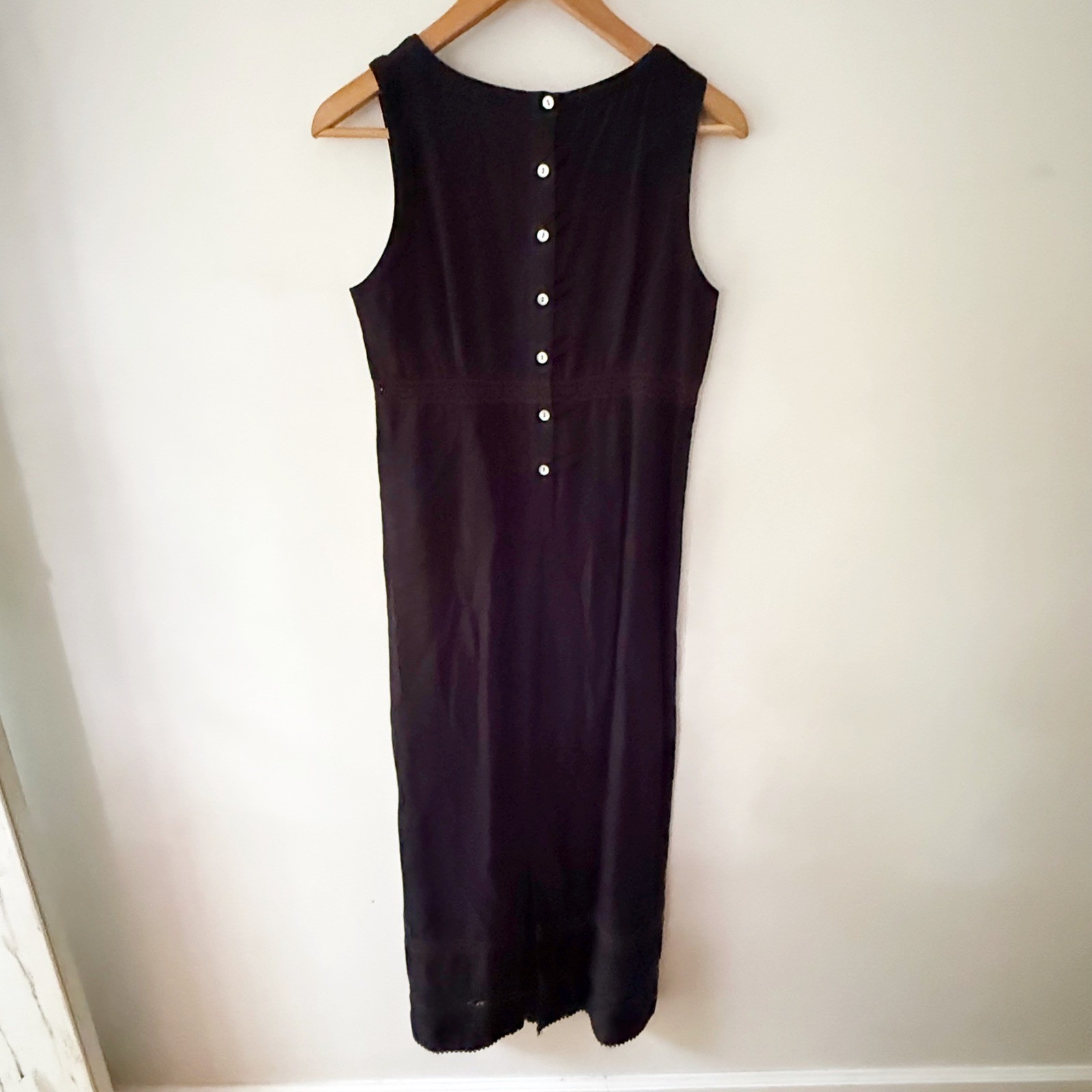 Vintage Maxi Dress Women 8P Black Crochet Linen Blend Dark Cottagecore Beach