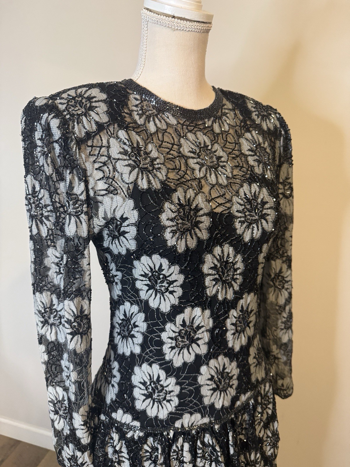Vintage Judith Ann Creations Beaded Long Sleeve Ruffled Dress Floral Sz S