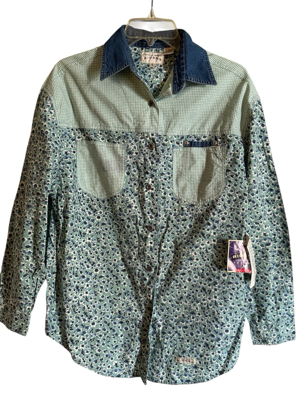 Vintage 1990s Riders Floral Women’s Denim Shirt Button Up Collared Petite Large